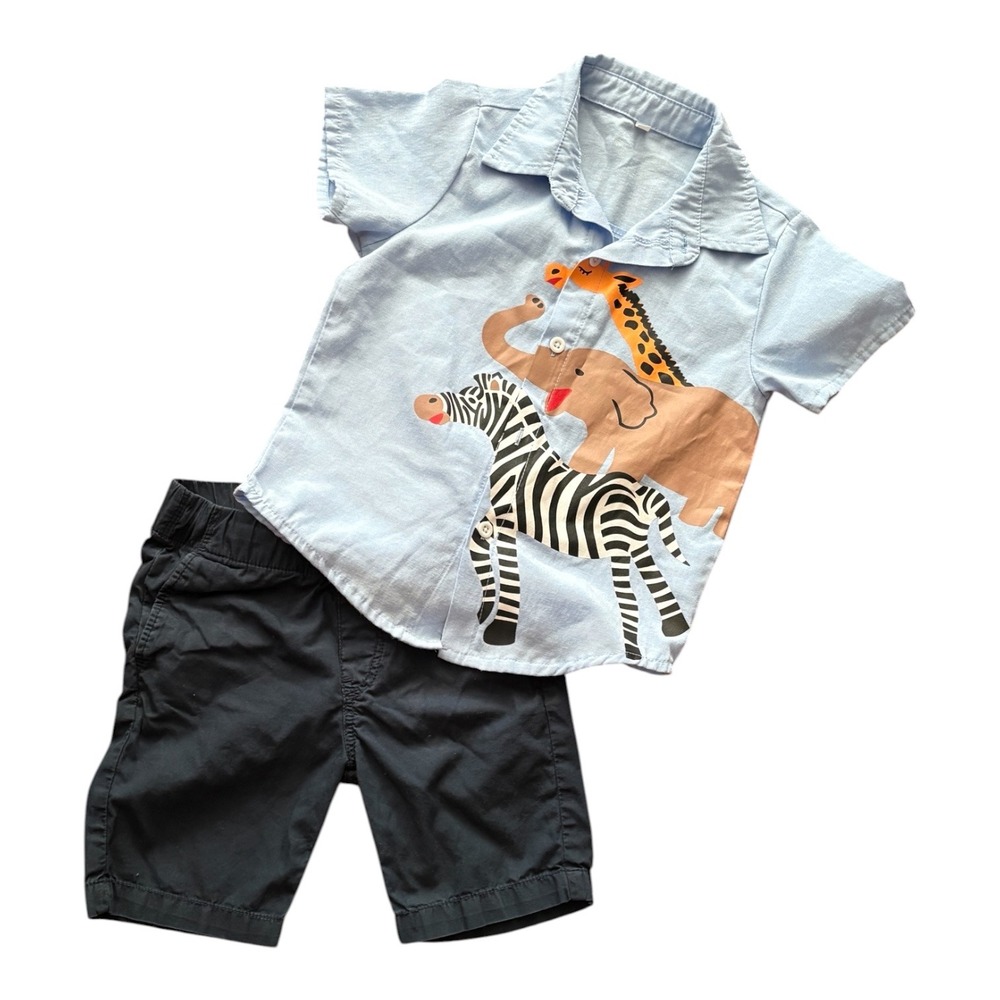 Boys Animal Graphic Shirt and 3T HM Navy Shorts 2 Piece‎ Set Blue Safari Zoo
